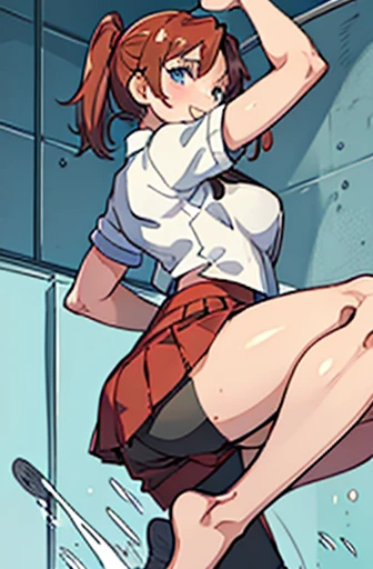 A Female robot exposes her inside mechanical organ(it so called "mechabare"). spread legs, nude, banzai pose. she wears no dress. Her Brown short hair is tied with two big red clothespins, She lifts up the under hem of her white plain dress, leaning over, masterpiece, very short pigtails,brown hair, mature, android, blue eyes, full body figure, Height: 160cm, flushed cheeks, 2020s anime picture, A beautiful robot with short brown hair in two short pigtails held up by two very large huge red clothespins, Uplifting, No NSFW, whole body, barefoot, archaic smile, getting orgasm, 25 years old, sweat bucket. short sleeve shirt, pleated skirt, skirt lift, no panties, full body shot, sexy face. under shower, floating hair, looking away. She wears swim pants. She has broken hardly by enemy.