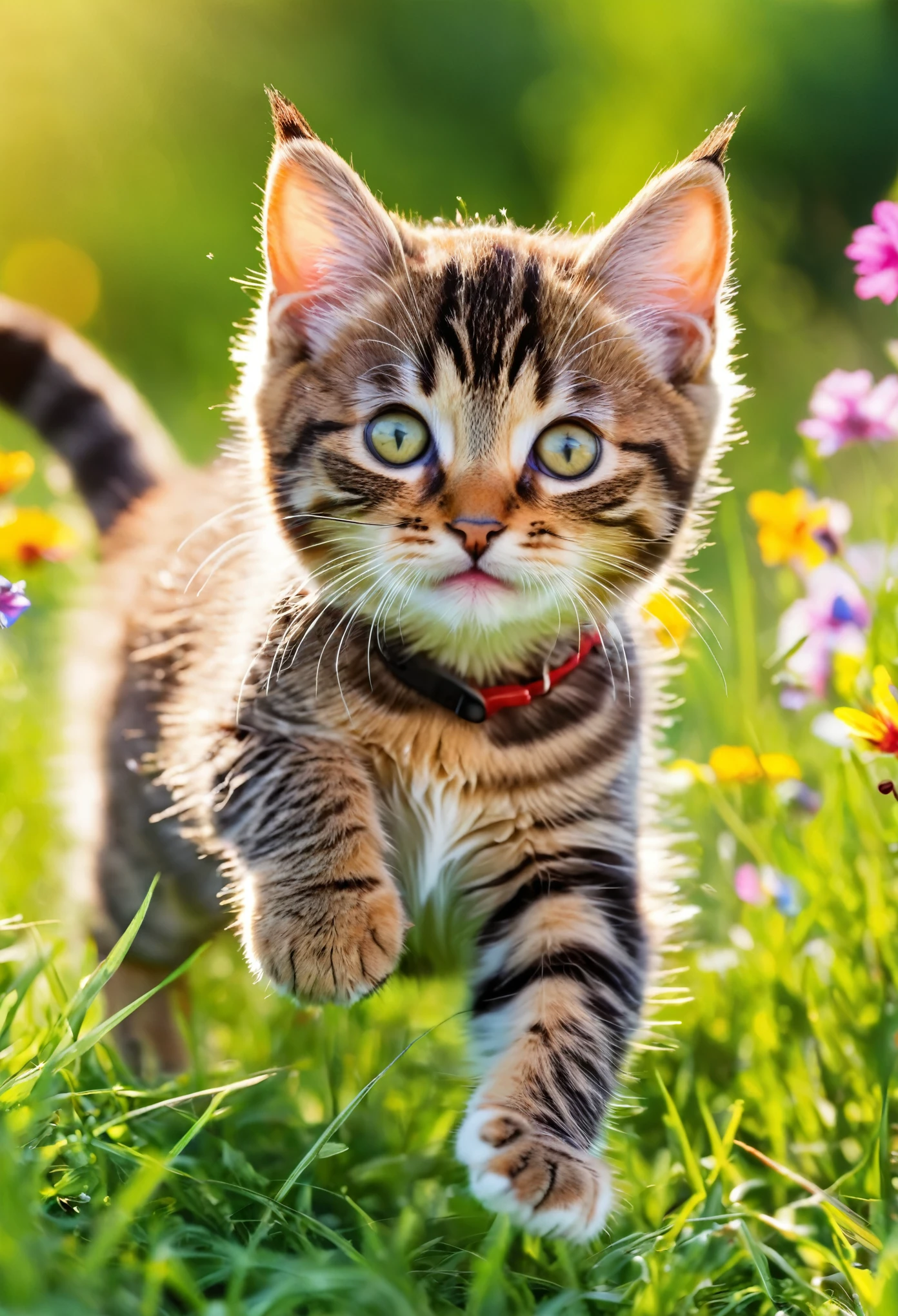 a tabby cat, playing in the grass, playful kitten, curious, kawaii, soft fur, lively eyes, colorful flowers, sun, vegetation, jumping and running, high resolution, realistic, happy expression, resting animal, vibrant colors, nature, atmosphere lively, sharp details, bokeh.