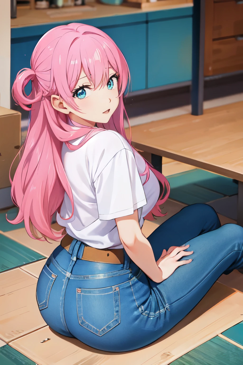akari watanabe, long hair, solo, PERFECT ANATOMY, pink hair, blue eyes, looking at viewer, round ass, thicc thighs, 1girl , tight jeans, sitting