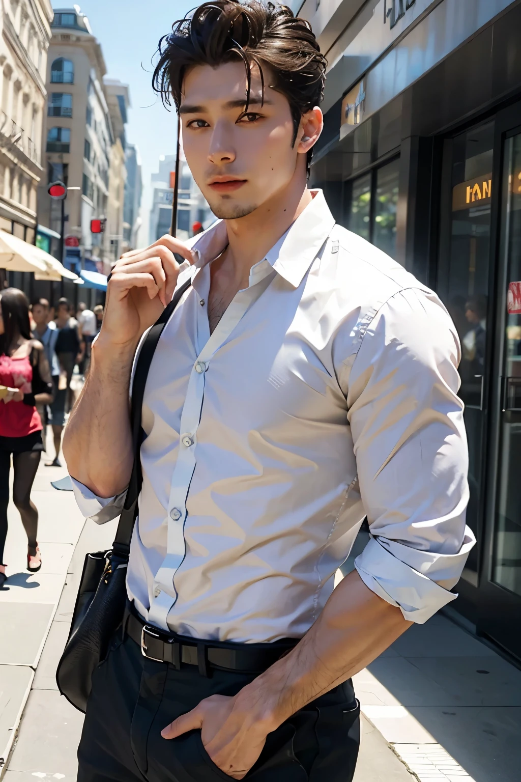 a very handsome man as if he came out of a men's shower gel advertisement, shirt, active, on the street, crowded
