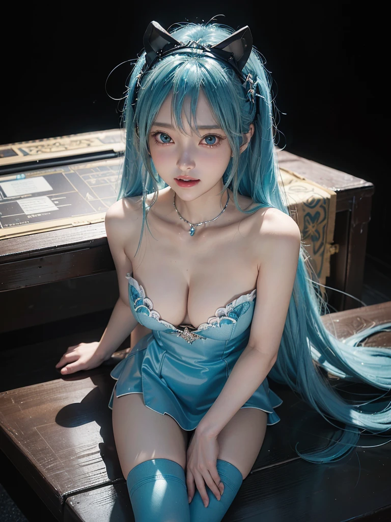 (8k, highest quality, masterpiece:1.2), Super detailed, (front focus), (in the dark:1.6), Hyperrealist portrait of female by david hockney and alphonse mucha, fantasy art, photo realistic, dynamic lighting, artstation, poster, volumetric lighting, very detailed faces, award winning,there is a doll sitting on a table next to a computer, mikudayo, pvc figurine, hatsune miku, pop up parade figure, miku, anime figurine, anime figure, she has pale blue skin!!!, white cyan, portrait of hatsune miku, rem rezero, anime peripheral, a happy meal toy of hatsune miku,anatomically correct,(cowboy shot:1.5),(in the dark, deep shadow, low key),Huge, full ,bared breastssee her cleavage, (Cut Upward glance),church,((in a seductive pose,sexually aroused face,ace s in heat:1.6,Moist eyes:1.5,slightly open mouth):1.2))/
