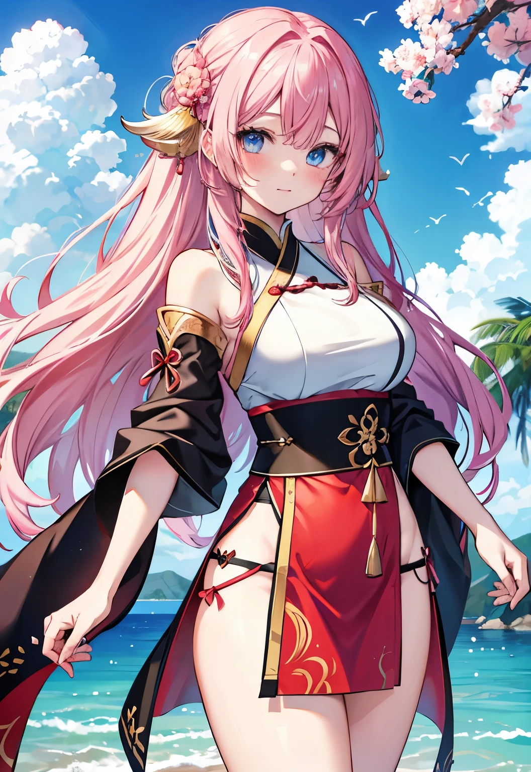 Pink Hair，blue eyes，long hair，Double tail，blush，Sun Shangxiang（destiny）Large Breasts，Red Sling Hanfu Bikini，Seaside background