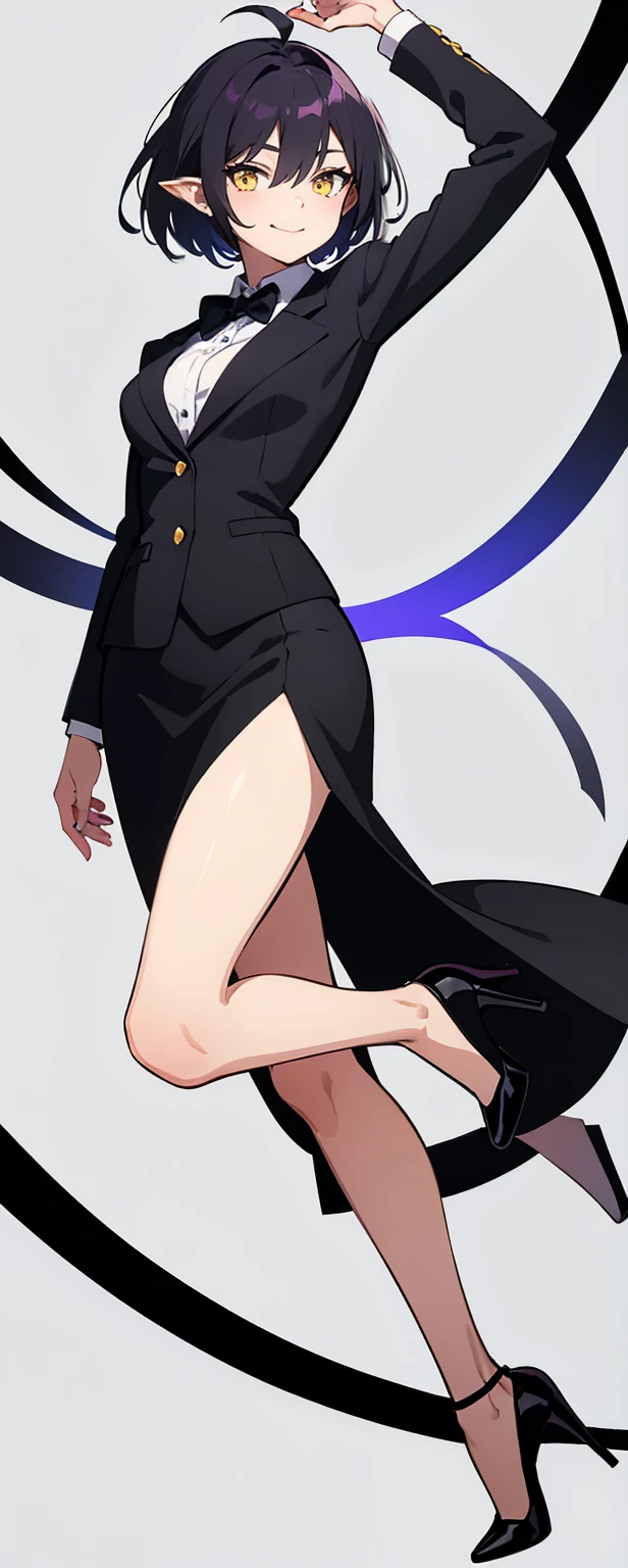Simple Background, (whole body, upright,Wearing stiletto heels), Young girl, (purplish-black hair, Short hair to the shoulders, Hair between the eyes, Ahoge), Yellow Eyes, (Pointy Ears), ((Office Suits)), White button-up shirt, Black stiletto heels, Black slit skirt, Long skirt, Tuxedo, Black bow tie,Mid-chest, Wear stiletto heels), smile, Smiling Kindly,masterpiece, high quality, whole body, Are standing,Facing forward,Simple white background, upright,Look forward,Virtual YouTuber