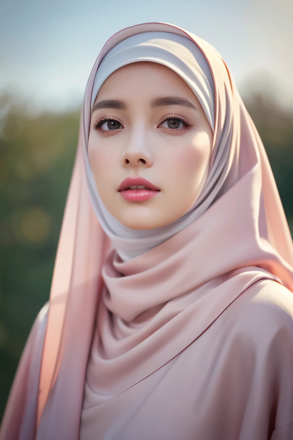 Realistic photo,wearing dress and long hijab grey colours, look from above, hyperrealistic, masterpiece, sweet ekspresion, melancholy , closeup photo, bright eyes, sexy lips, detailed makeup, detailed eyes cornea, wearing hijab no hair looks, blush pink cheek, outdoor background