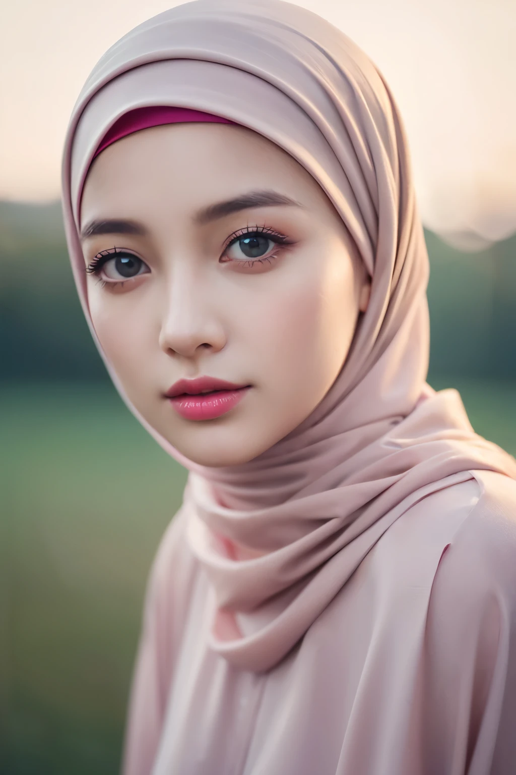 Realistic photo,wearing dress and long hijab grey colours, look from above, hyperrealistic, masterpiece, sweet ekspresion, melancholy , closeup photo, bright eyes, sexy lips, detailed makeup, detailed eyes cornea, wearing hijab no hair looks, blush pink cheek, outdoor background