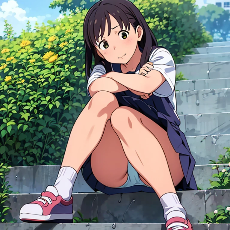 highest quality, Ultra-high resolution, (Realistic: )2D official style cel animation,((Sitting Girl))Navy blue mini skirt,Summer Shirts,(Lace panties),loose socks,sneakers,Full body portrait,(Chiyoko Sonoda),Station stairs,sunny,Embarrassed face,from the front