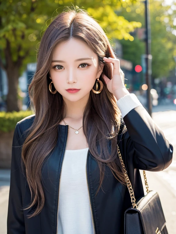 masterpiece, highest quality, High resolution,alone,Brown Hair, Small earrings,artistic,Best lighting,casual,Flat Chest,Beautiful Face,expensive,smile,light makeup,nature,6,Calm woman,Hair blowing in the wind,Blurred Background,Face Focus,Detailed Hair,Laughing woman,amount,Wavy Hair,amount,night,outside,office Street,Woman wearing a jacket,Woman posing,Woman with a bag