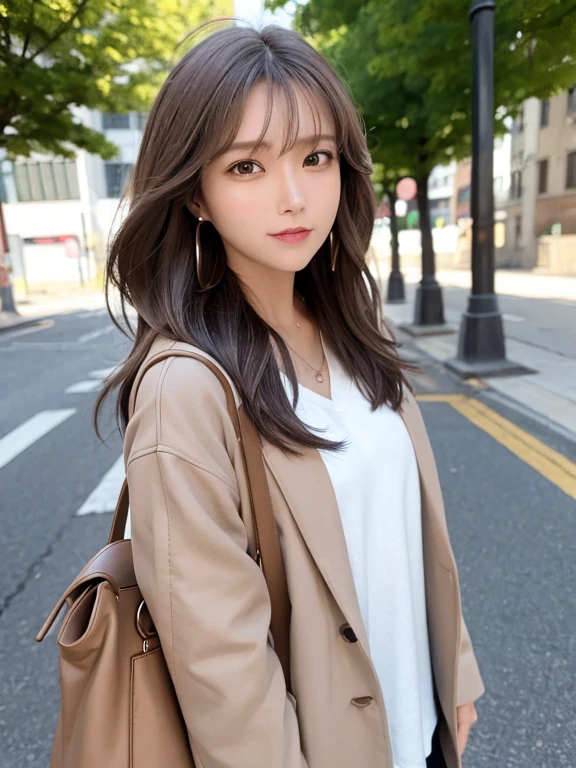 masterpiece, highest quality, High resolution,alone,Brown Hair, Small earrings,artistic,Best lighting,casual,Flat Chest,Beautiful Face,expensive,smile,light makeup,nature,Age 26,Calm woman,Hair blowing in the wind,Blurred Background,Face Focus,Detailed Hair,Laughing woman,amount,Wavy Hair,amount,night,outside,office Street,Woman wearing a jacket,Woman posing,Woman with a bag