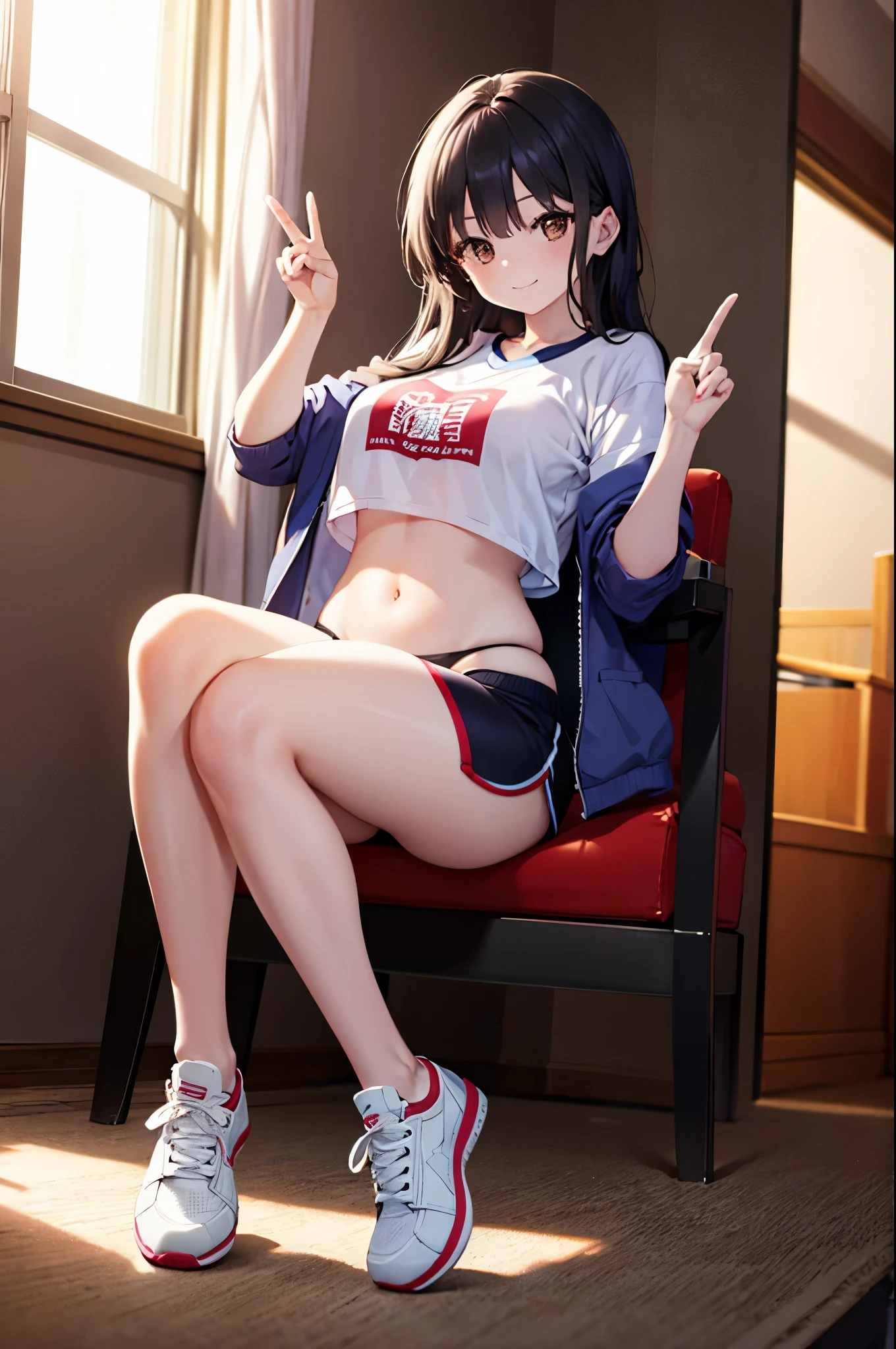 realistic image, detailed image, coherent image, 1 beautiful girl, she has very long hair, black hair, brown eyes, smiling expression. She is wearing a sports top, sweatshirt, showing her navel, thin thong, sports shorts, sneakers, She has a curvy body, medium breasts and thick thighs, She is sitting on her knees with her legs open, arching her back, doing the peace sign, inside a feminine room, next to a window showing the sunset, twilight, soft focus, full body view, dramatic shadows, volumetric lighting, natural lighting,