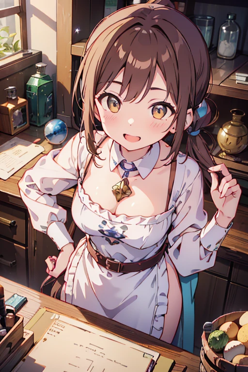 (from above:1.2) (highest quality:1.5),(8k,masterpiece, top quality, best quality,beautiful and aesthetic:1.2,professional illustrasion:1.1,ultra detail:1.3,perfect lighting),extremely detailed,highest detailed,incredibly absurdres , highres, ultra detailed,intricate:1.3,(Alchemy Workshop:1.4),A girl mixing,Medicine in many small bottles,colorful:1.4,zentangle,(1girl),(highly detailed beautiful face and eyes,firm breasts),real skin,((brown hair,long pony tail hair)),thin pubic hair:1.3,cute,lovely,, learning a cook, alchemist costume,smile,in the kitchen,smile,seductive weak smiling,(with sparkling eyes and a contagious smile),open mouth, Looking at Viewer,