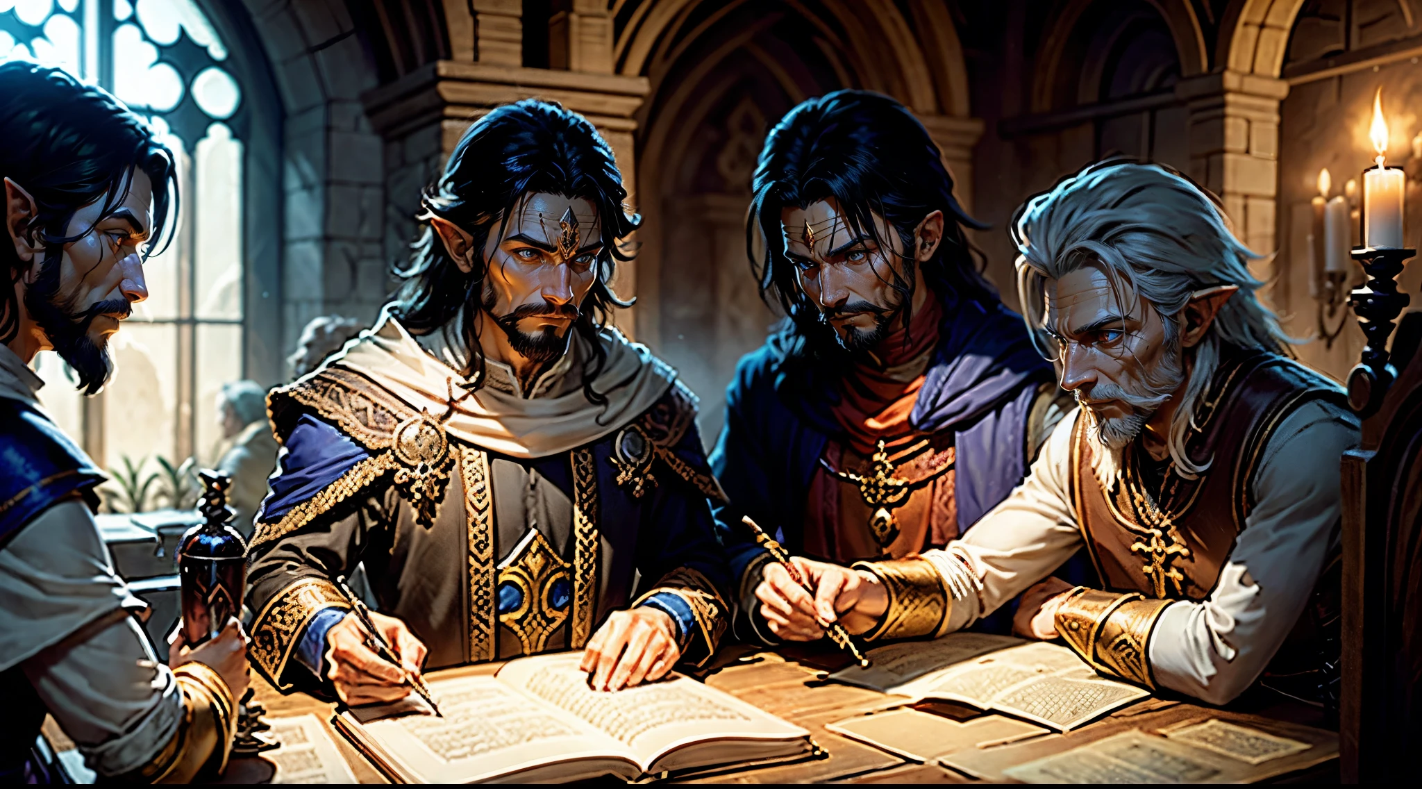 Una fiesta RPG con 4 personajes, Un elfo, a lion man, um sacerdote, Un mago.