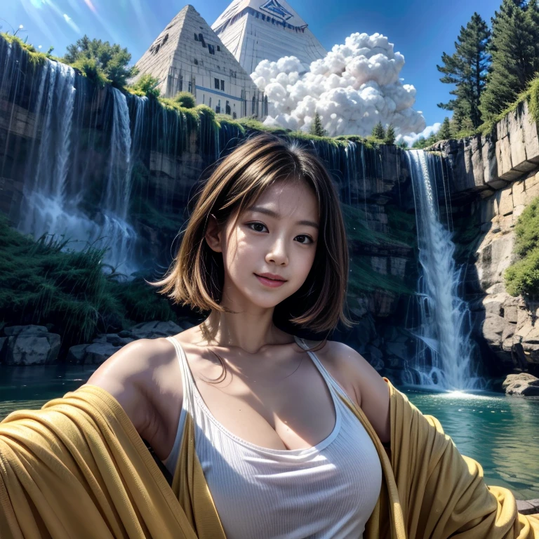highest quality、、masterpiece:1.8、、、waterfall、,、、、A spectacular view that will bring you the best luck in the world just by looking at it、A sight that brings peace to the world just by looking at it、Just looking at this view, You will be super healthy, Have a clear mind, And live longer.、、Aurora、、Golden Pyramid、、Golden UFO Landing、Space Battleship Rocket Launch