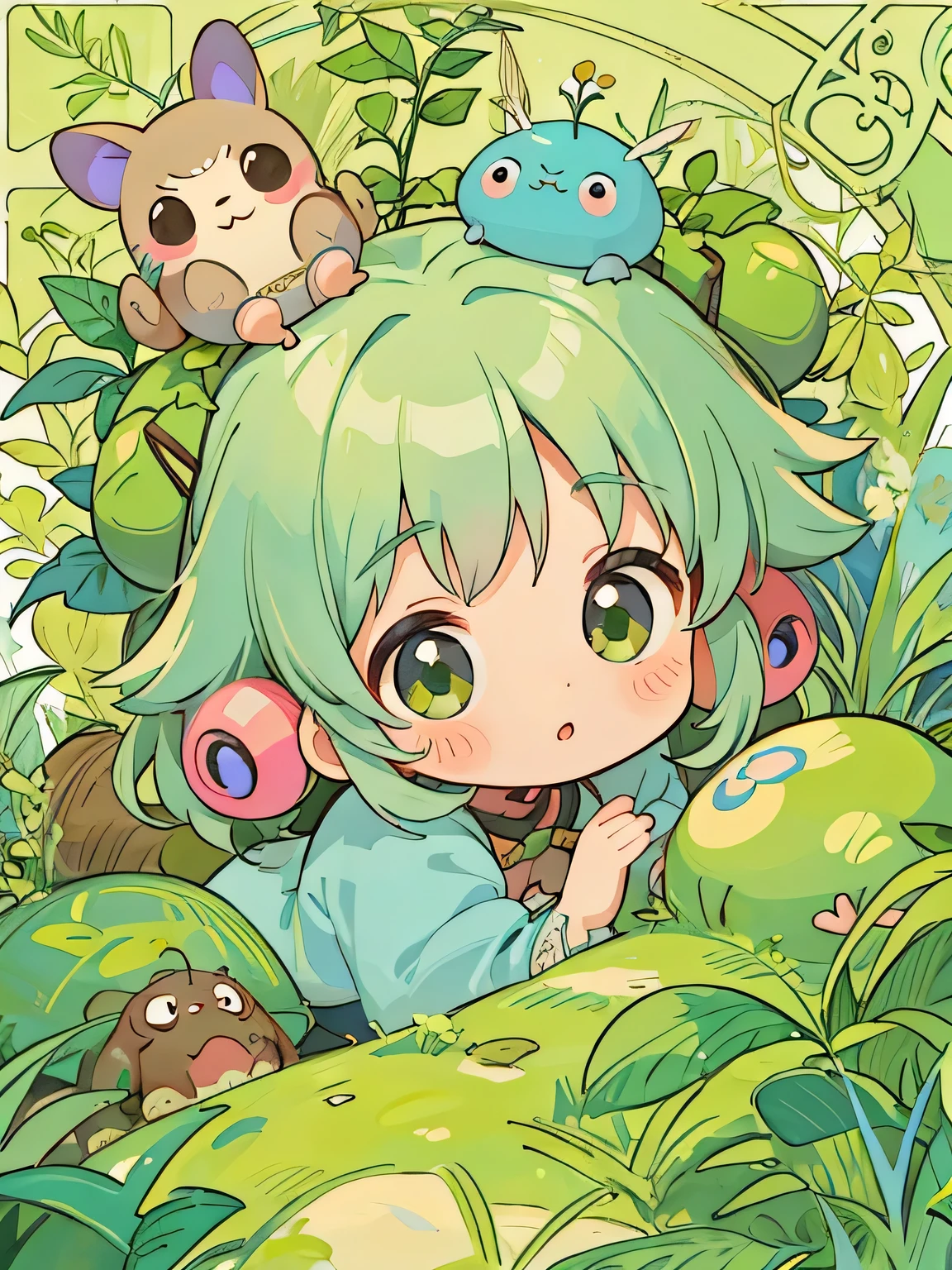 Alphonse Mucha style, Kawaii Design, The most beautiful girl of all time、Chibi, Cute and colorful pillbugs、play together、Lots of pillbugs、Totoro Forest