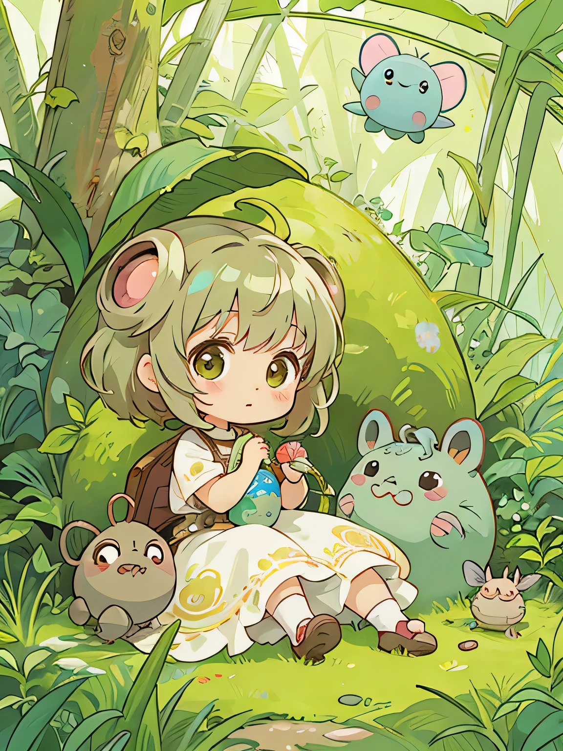 Alphonse Mucha style, Kawaii Design, The most beautiful girl of all time、Chibi, Cute and colorful pillbugs、play together、Lots of pillbugs、Totoro Forest