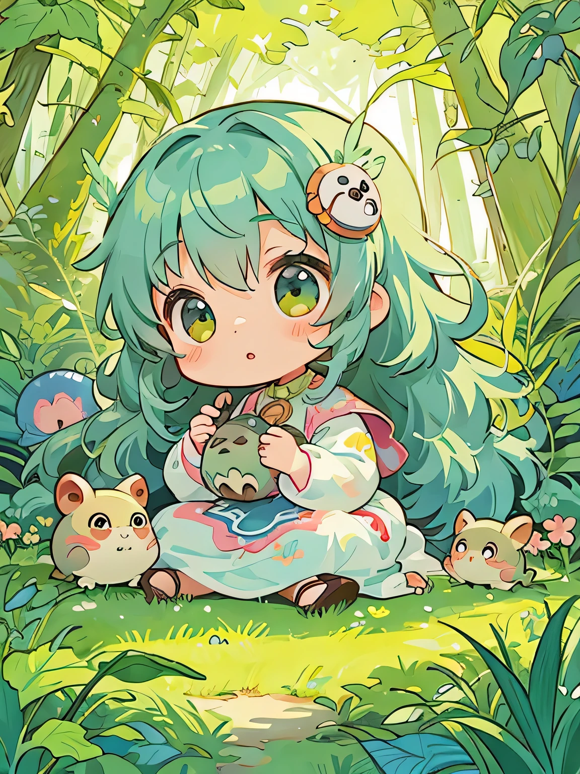 Alphonse Mucha style, Kawaii Design, The most beautiful girl of all time、Chibi, Cute and colorful pillbugs、play together、Lots of pillbugs、Totoro Forest