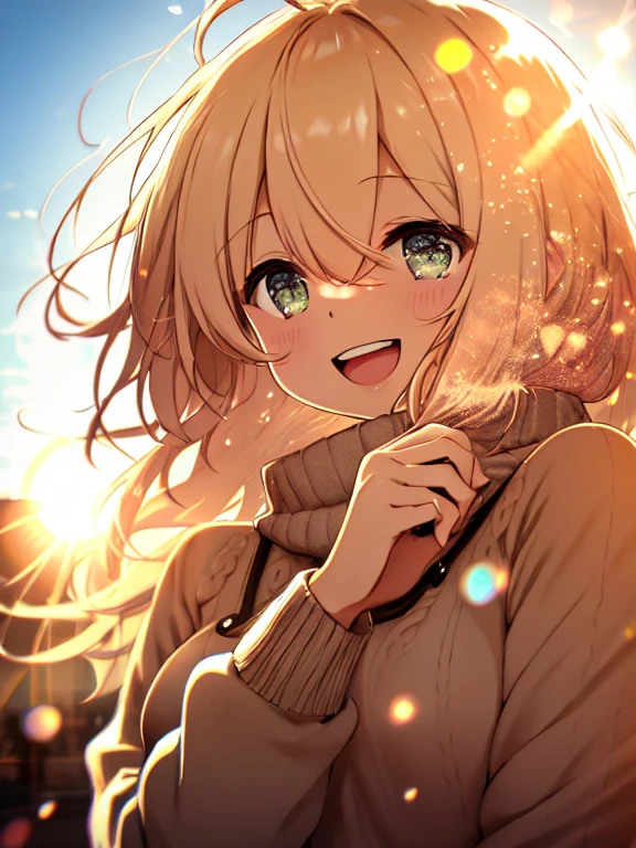 one man, Cozy sweater, upper body, (Big Laugh:1.1), (open mouth:1.1), (wide open eyes:1.2), light reflected from the sun, Bokeh, depth of field, blurred background, light particles, windy, (heart particles:1.1)