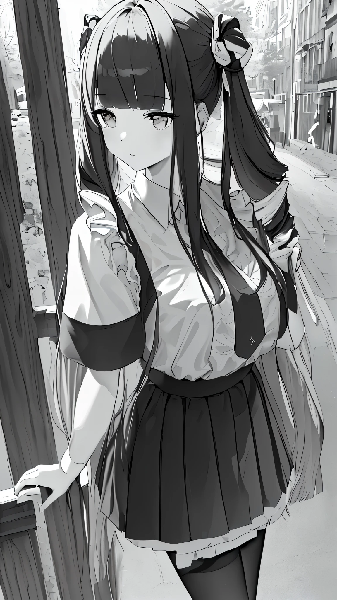 (((masterpiece, highest quality, High resolution,8k))),grayscale,Black and White,dynamic angle,Various poses,outdoor,outfit of the day,1 girl,((Twin Drill)),medium hair,(blunt bangs:1.8),(tareme:1.6)