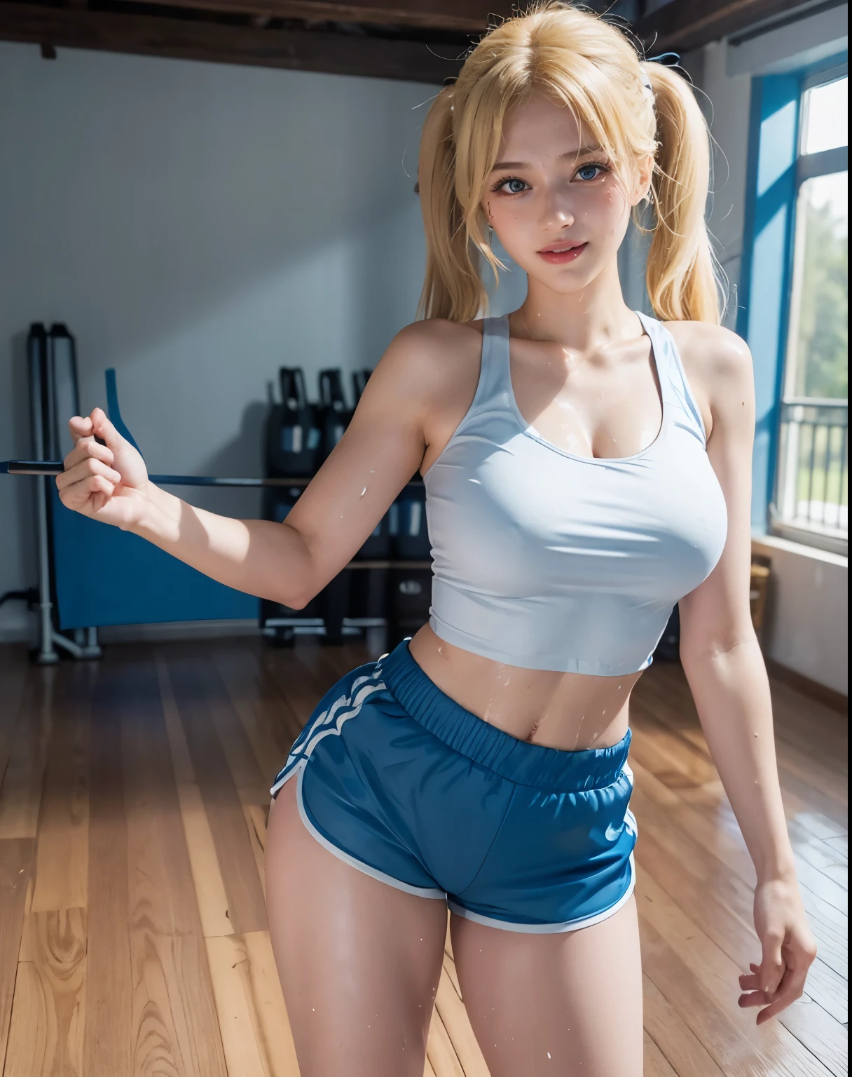 1girl, (Blue Eyes), (smiling :1.2), (Sana Minatozaki), wide hips, Big tits, big ass, (sweaty body :1.3), (Best Quality, 8k, Masterpiece: 1.3), Clear Focus: 1.2, Perfect Body Beauty: 1.4, strong abs, Highly detailed face and skin texture, detailed eyes, double eyelids, (blonde long twintails :1.3), (white tanktop :1.2), (blue sports shorts :1.3), standing, dynamic pose, in a gym with a wooden floor
