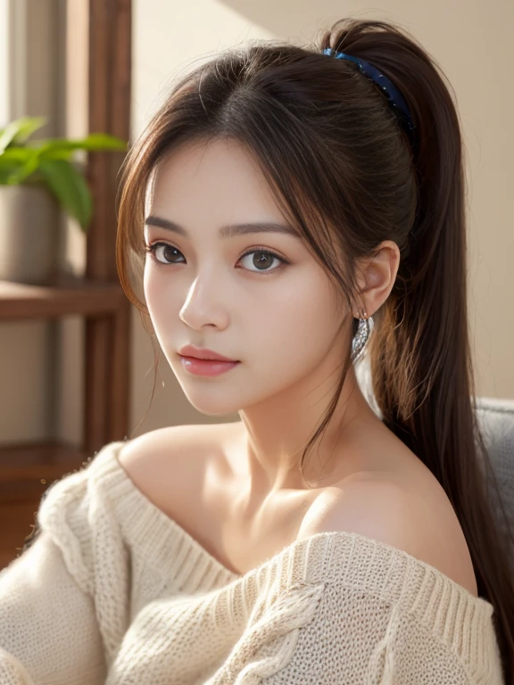 (masterpiece:1.5)、(8k)、(Photorealistic:1.5)、Raw photo、(Best image quality:1.4)、
highest quality、masterpiece、超A high resolution、Soft lighting、
23 years old、thin、Beautiful woman:1.4、
In the living room where the morning sun shines、 Sit on a cozy sofa、
She is wearing an off-the-shoulder knitted sweater.、
Light brown hair、ponytail、Shiny Hair、
Super detailed face、Detailed eyes、double eyelid、No makeup natural color lip、Clear Skin、
