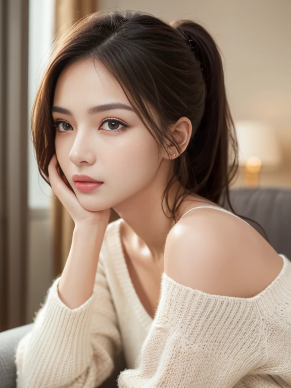 (masterpiece:1.5)、(8k)、(Photorealistic:1.5)、Raw photo、(Best image quality:1.4)、
highest quality、masterpiece、超A high resolution、Soft lighting、
23 years old、thin、Beautiful woman:1.4、
In the living room where the morning sun shines、 Sit on a cozy sofa、
She is wearing an off-the-shoulder knitted sweater.、
Light brown hair、ponytail、Shiny Hair、
Super detailed face、Detailed eyes、double eyelid、No makeup natural color lip、Clear Skin、