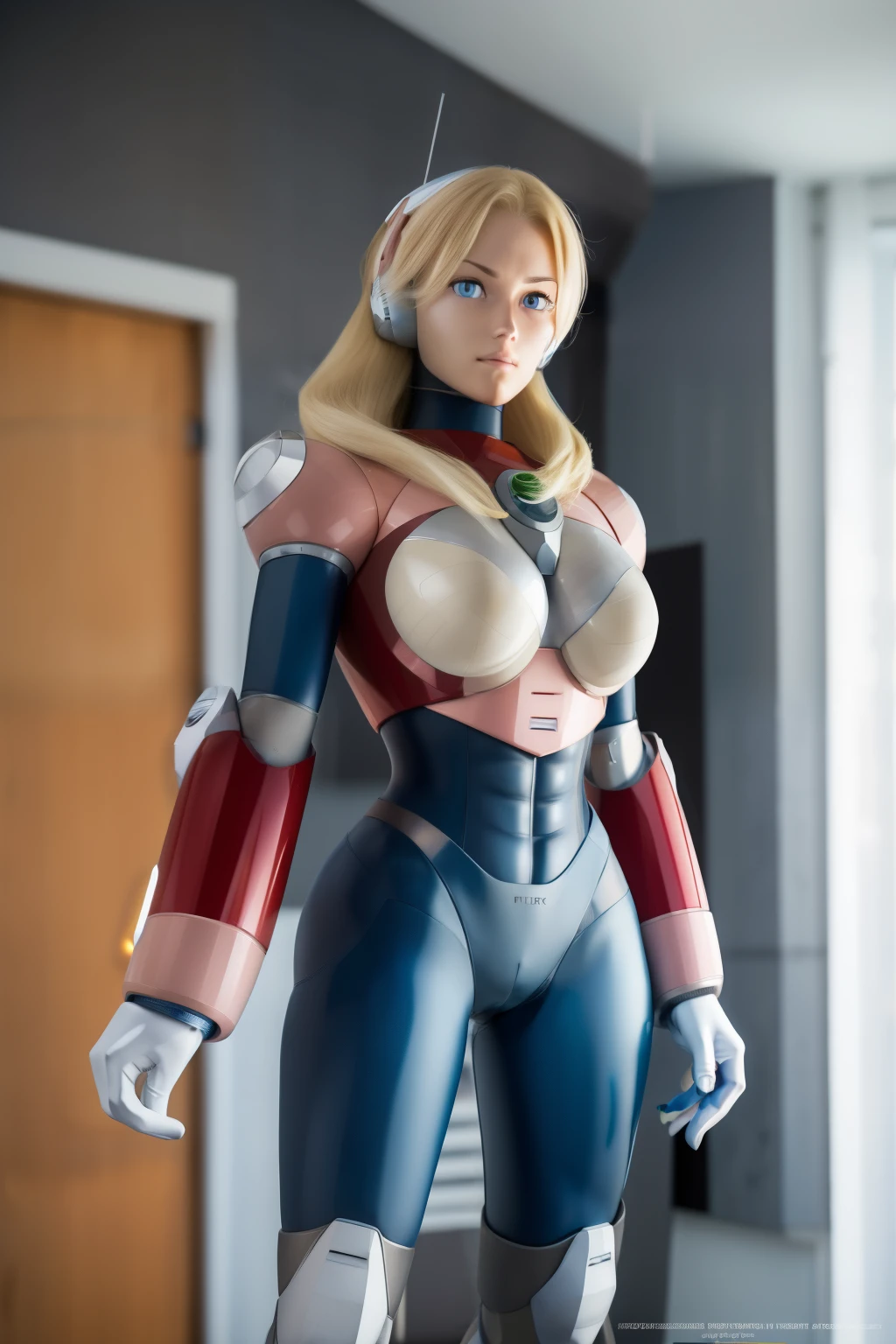 ultra detailed of a woman cyborg, 1girl, (natural skin texture, realistic eye details:1.2) alias_mega manx, alone, breasts, blue eyes, blonde hair, Android, long hair, robot ears, stand at attention, neutral stance, artwork, high quality, hypnotized, blank expression, mannequin