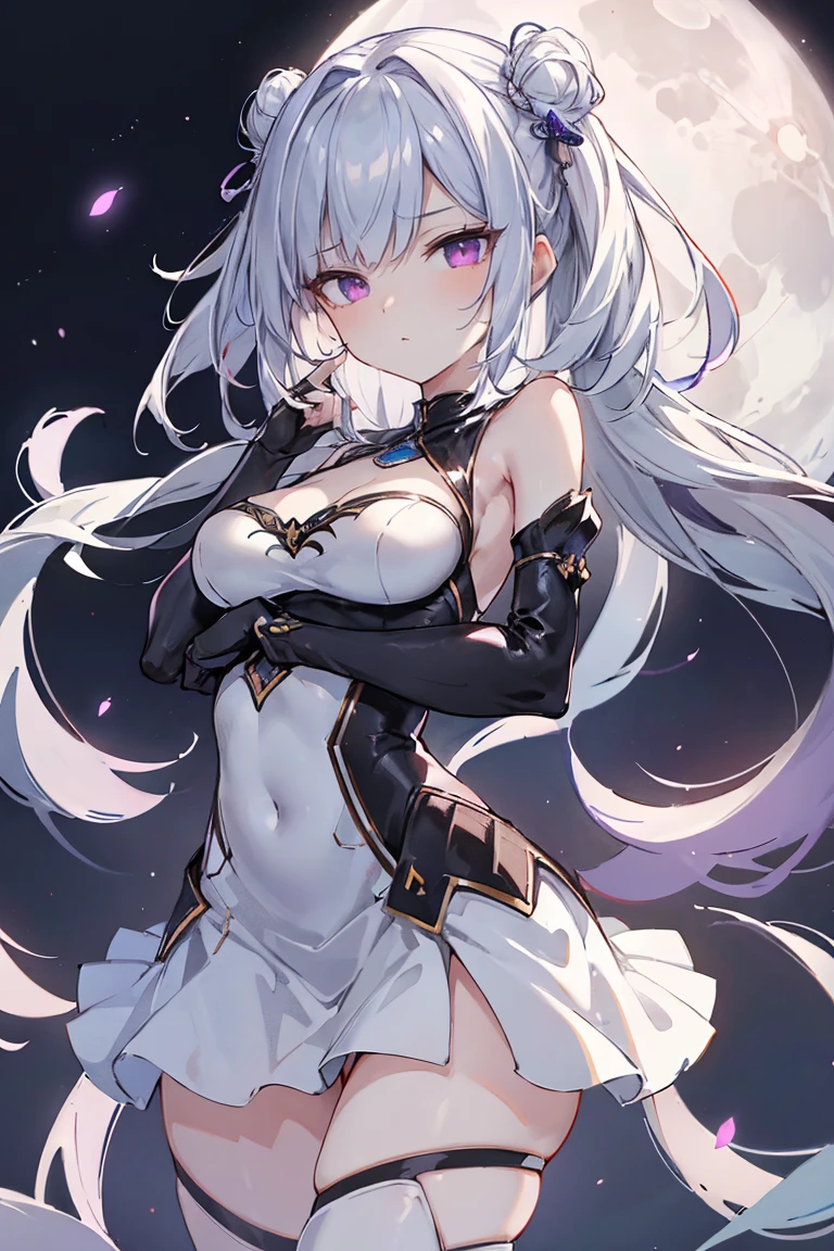1girl, anime, cute girl, blank background, white background, fantasy, detailed fantasy dress with highlights, beautiful face, beautiful eyes, dark colors, black hair with multicolor streaks, red eye with different color pupil in eye, multicolor eye, medium breasts, slight cleavage, beautiful skin, cute, breast curtains, extremely delicate and beautiful, (beautiful detailed face:1.0), (detailed deep eyes), symmetrical breasts, deep eyes, shiny skin, portrait, slender waist, hips wider than shoulders, thighs, expressionless, young girl, luminous eyes, adorable,(Kpop idol),(aegyo sal:1),(Platinum blonde hair:1),((puffy eye)),Black panty,sexy posture,Superskirt, Ultra-high resolution,Black collar,slim figure, Abdominal y tattoo, womb tattoo,Tight-fitting leg ring,y tattoo on half-body,Bare skin, Armored hand,Hidden fingertips,Hand covered,Arm covered,Fist covered,{{beautiful detailed fingers}}, tufts of hair, moderate beautiful breast:1.0,(masterpiece:1.2), best quality, high-res, HDR, perfect face, intricate armor, delicate blue filigree, intricate filigree, red metalic parts, detailed part, dynamic pose, dynamic lights, cute face, neutral expression, shuimobysim, lotus, hanfu, maxi skirt, dress conservatively 1girl, solo, long blue hair, standing, One lady,14years,((White hair) ,((Normal breasts)), (Shiny purple bodysuit with microskirt),((Fantasy, Moon Night))