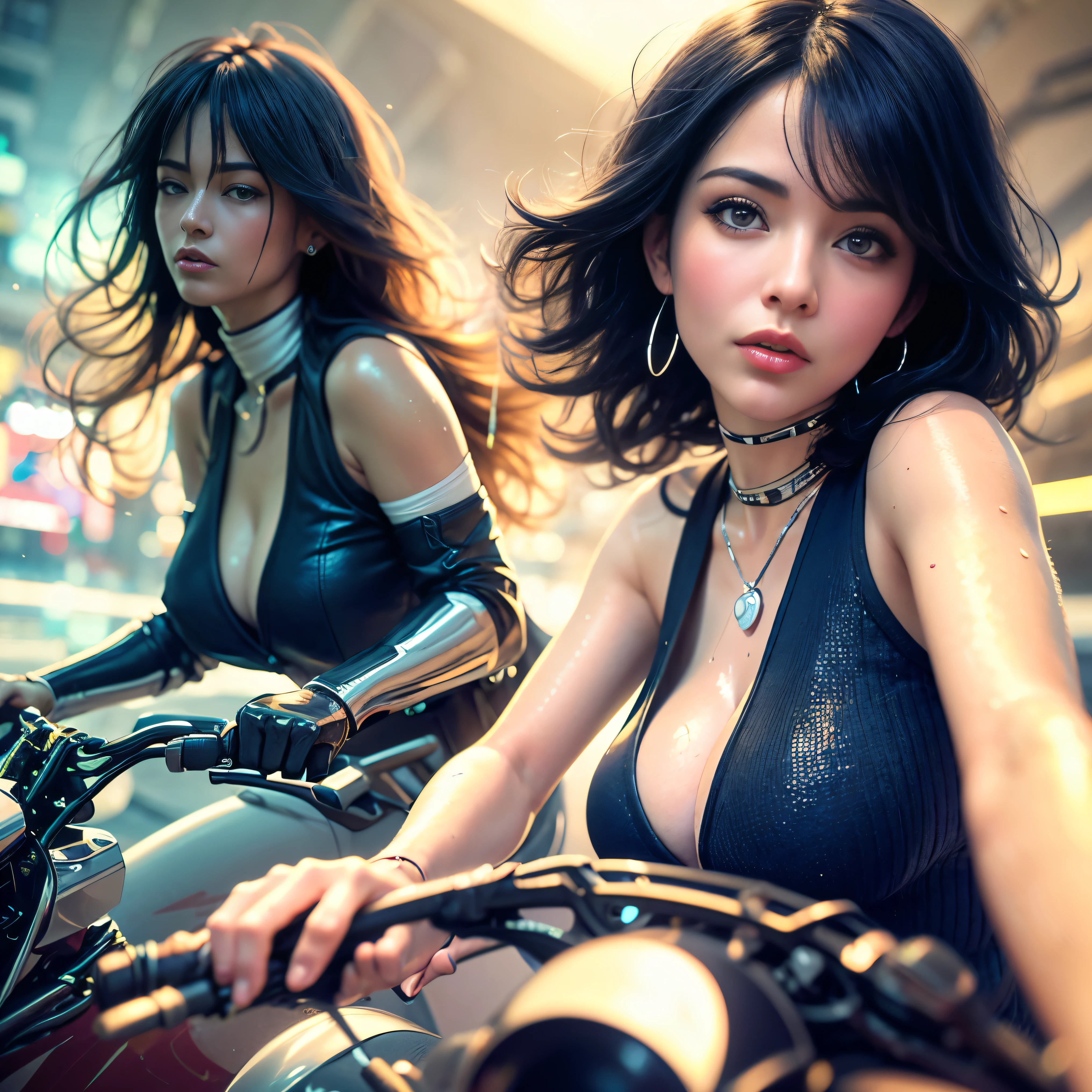 (highest quality、4k、8k、High Resolution、masterpiece: 1.2)、Super detailed、(Real、Photorealistic、Photorealistic: 1.37)、photograph、(Close-up of face from the front and side:1.7)、((A young and extremely beautiful woman))、The woman is wearing protective gear、(Ride a bike and gallop)、(Lean the bike around the corner)、(Flowing hair and flowing clothes、background、motion blur effect:1.37)、spark、incandescent lamp、Neon color、Future City、Vibrant streets、Light reflections on wet sidewalk、skyscraper、Sculptural architecture、Holographic Signage、Stylish and sophisticated design、Blurred motion of speeding vehicles、energy and excitement in the air、(Windy atmosphere)、Moonlit cityscape、xuer future motorcycle