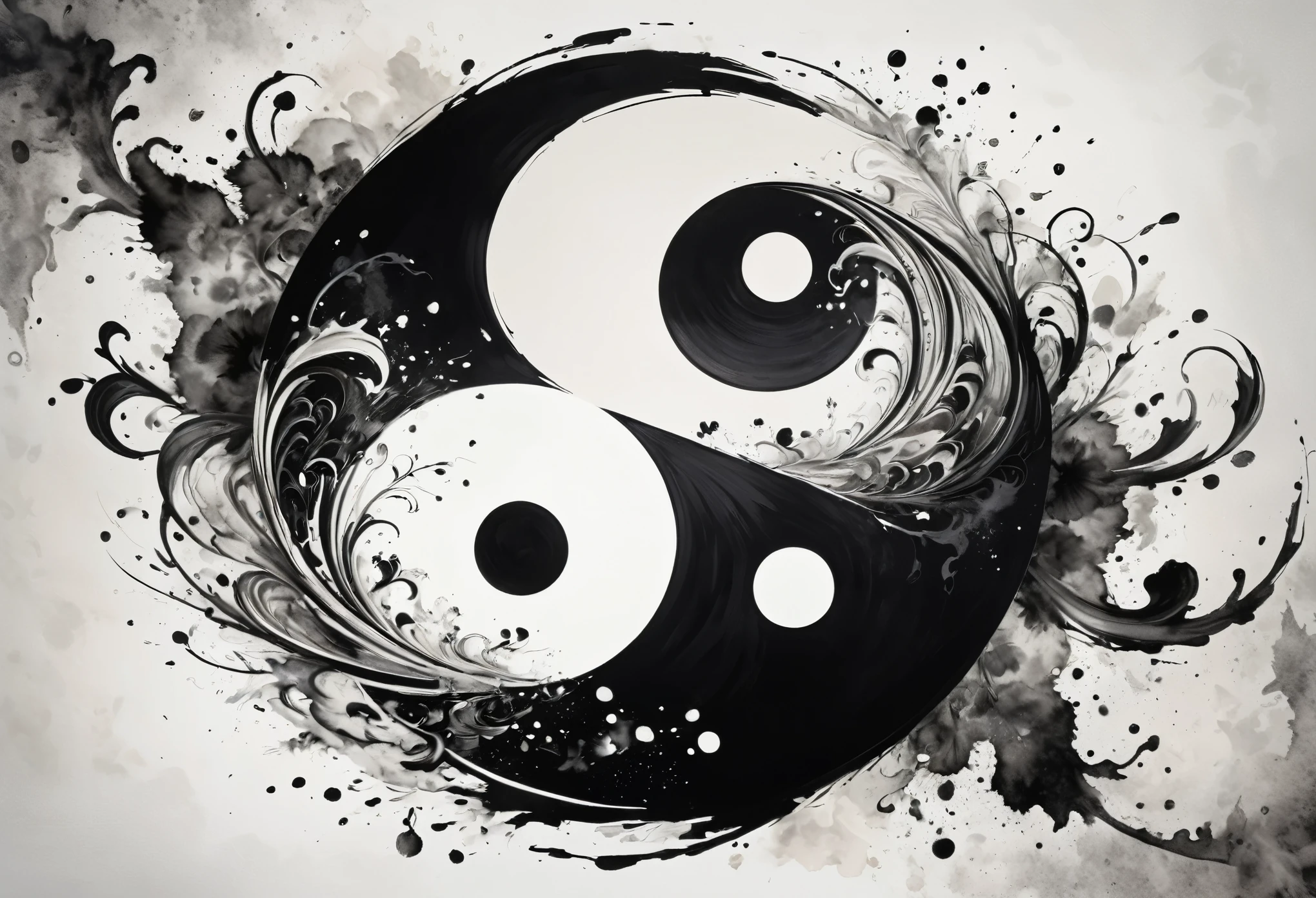 Yin and yang intertwining in a vivid black and white contrast, traditional Tai Chi pattern in ink painting style, classical elegance, strong artistic atmosphere, detailed ink textures, intricate brush strokes, high-quality masterpiece:1.2, ultra-detailed, realistic:1.37, HDR, studio lighting, extreme detail description, professional, vivid colors, bokeh, portraits, monochrome color palette, soft and serene lighting effects