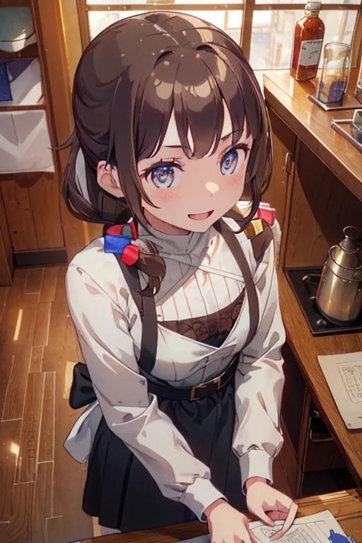 (from above:1.2) (highest quality:1.5),(8k,masterpiece, top quality, best quality,beautiful and aesthetic:1.2,professional illustrasion:1.1,ultra detail:1.3,perfect lighting),extremely detailed,highest detailed,incredibly absurdres , highres, ultra detailed,intricate:1.3,(Alchemy Workshop:1.4),A girl mixing,Medicine in many small bottles,colorful:1.4,zentangle,(1girl),(highly detailed beautiful face and eyes,firm breasts),real skin,((brown hair,long pony tail hair)),thin pubic hair:1.3,cute,lovely,17 years old, learning a cook, alchemist costume,smile,in the kitchen,smile,seductive weak smiling,(with sparkling eyes and a contagious smile),open mouth, Looking at Viewer,
