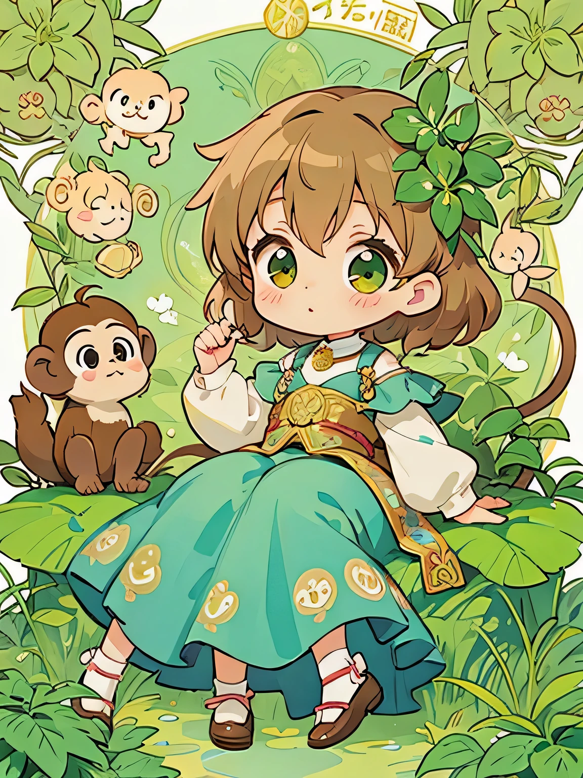 Alphonse Mucha style, Kawaii Design, The most beautiful girl of all time、Chibi, Cute monkeys、play together、monkey Forest