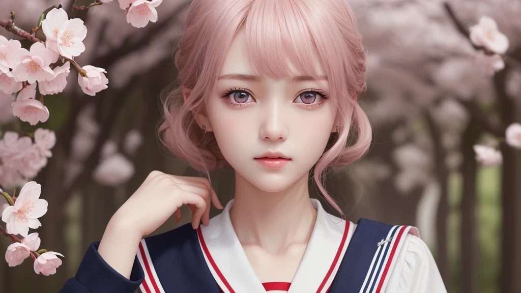 (1peopleの少女), Great face and eyes, Pink Eyes, (Amazingly beautiful girl), (highest quality:1.4), (Super detailed), (Very detailed CG 統合 8k 壁紙), Very detailed, High resolution raw color photos, Professional photography, Sailor suit, , School, spring, cherry blossoms,,１people