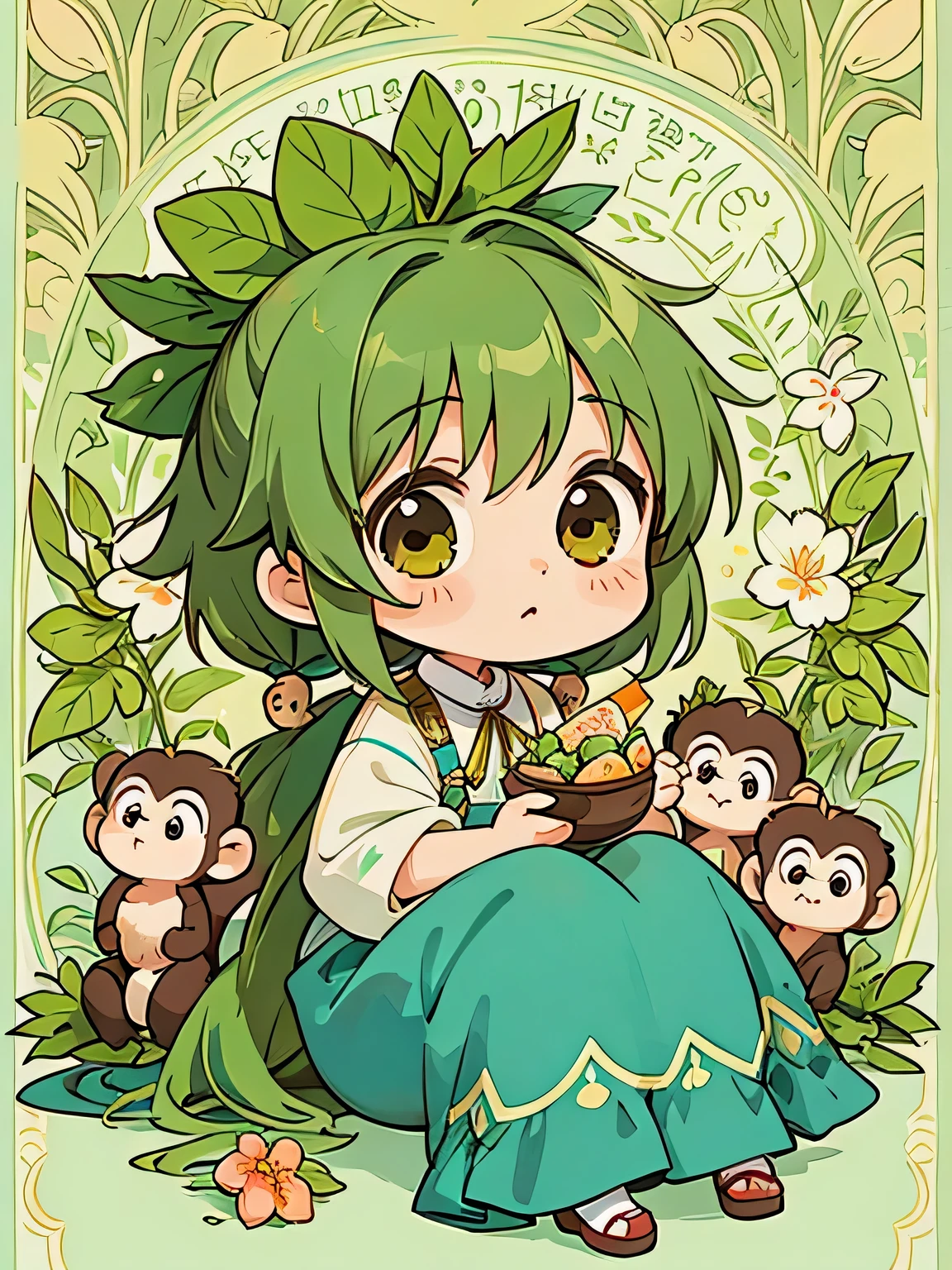 Alphonse Mucha style, Kawaii Design, The most beautiful girl of all time、Chibi, Cute monkeys、play together、monkey Forest