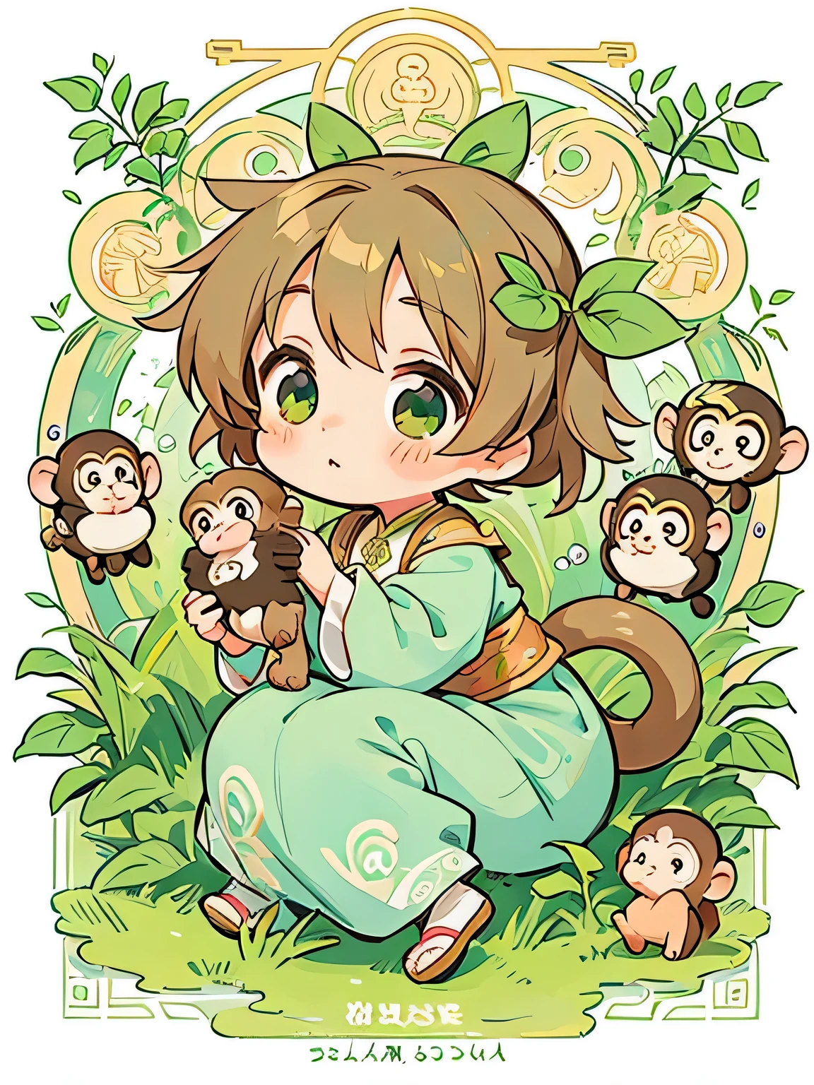 Alphonse Mucha style, Kawaii Design, The most beautiful girl of all time、Chibi, Cute monkeys、play together、monkey Forest