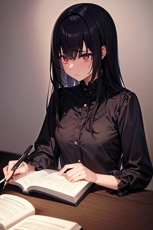 Anime//Mulher negra (jovem-adulta) longos cabelos lisos preto, olhos caramelo//Flaming soft lighting opaque background, have a quill pen in their hand on a hardcover leather book. Melancholy atmosphere under the shadow of dark fantasy, a manifesto of loneliness and emptiness.