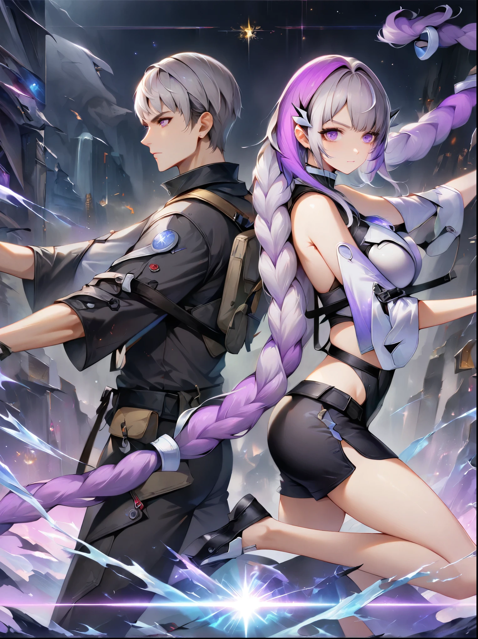 (1boy)，1girl，Back to Back，Fight alongside，Purple Hair，Purple Eyes，Very long hair，Gray hair，Double ponytails，White Mech SuitBREAK Black Mech Shorts, panoramic，whole body，The figure is in the center，Starry Sky，Network fantasy war background, (UHD, masterpiece, ccurate, anatomically correct, best quality, 8k), 1yj1