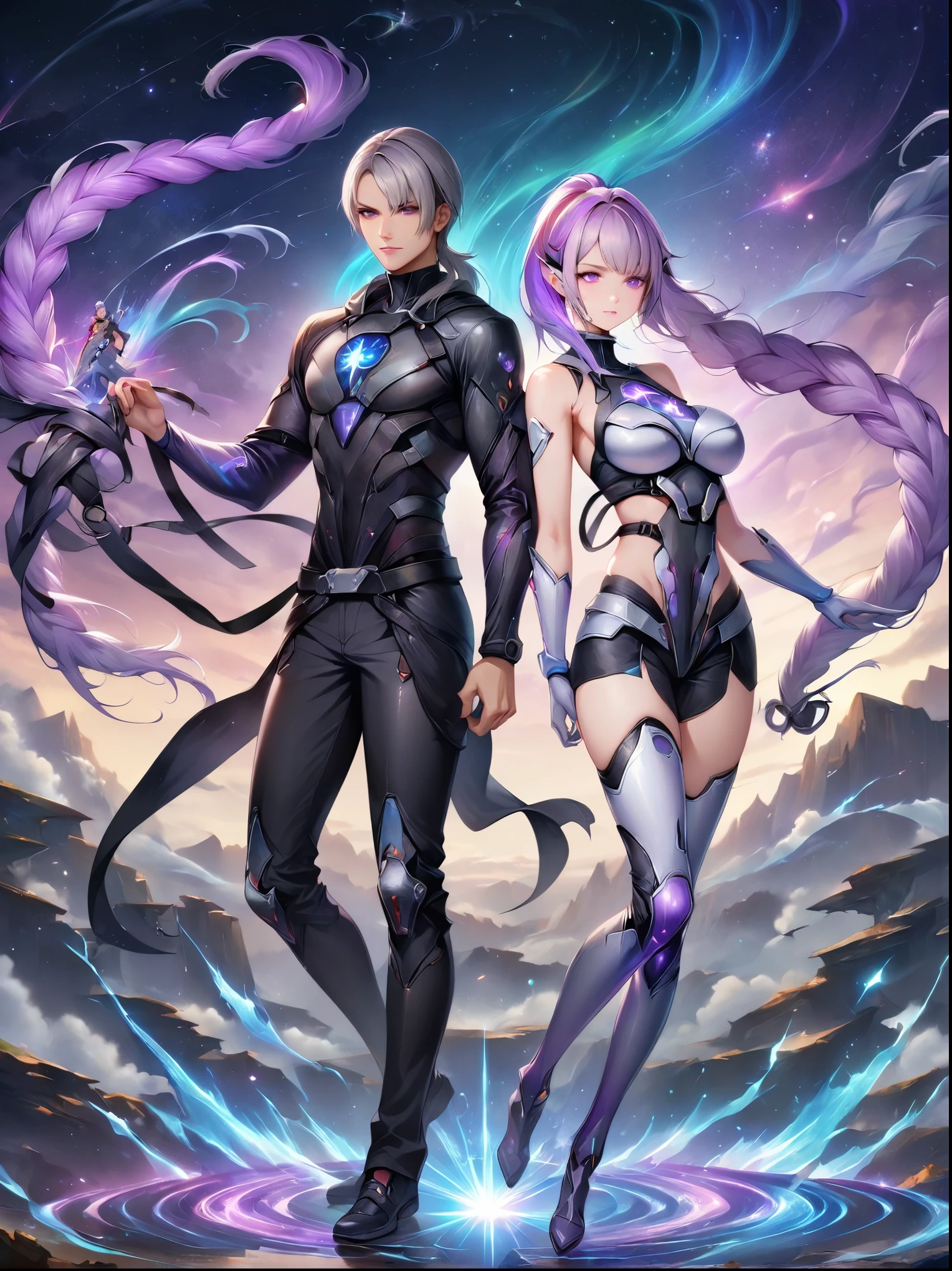 (1boy)，1girl，Back to Back，Fight alongside，Purple Hair，Purple Eyes，Very long hair，Gray hair，Ponytail，White mechanical suitBREAK Black mechanical pants, panoramic，whole body，The figure is in the center，Starry Sky，Network fantasy war background, (UHD, masterpiece, ccurate, anatomically correct, best quality, 8k), 1yj1