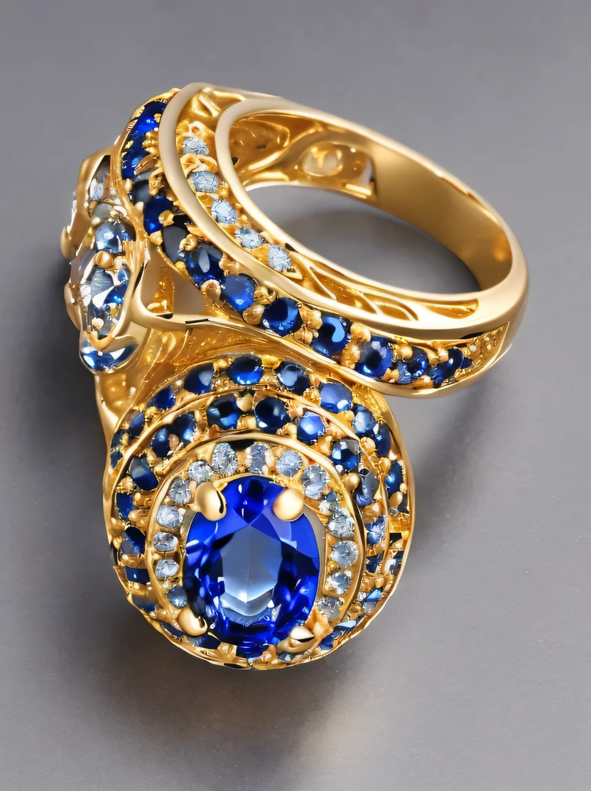 ((masterpiece、highest quality、Very detailed、High resolution、Photorealistic、Sharp focus、Cinema Lighting))、((There is no one))、One ring、Gold and silver rings、Blue Gem、Complex Pattern、Complex and unusual design、Sparkling sapphires decorate this enchanting ring、Beautiful color gradation、Background is marble table surface