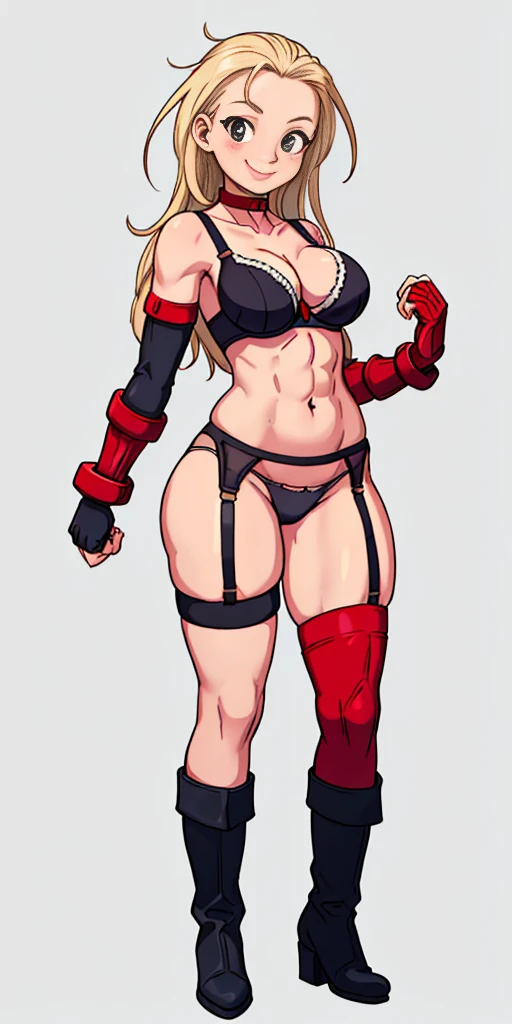 ((Masterpiece, 4k, plain background:1.2)) (handuffed behind her back)) Cammy White Street Fighter full body standing straight symmetrical, looking view from back show ass to me, crossinglegs together, (2 crossing big belt under belly button, navel, abs, garter straps belts, bra big knockers, wide hips, thick thighs legs apart standing straight symmetrical, smile red cheeks, long messy hair, leather collar choker, high boots bootstraps, sleeves, panties, stockings red gloves gauntlets)