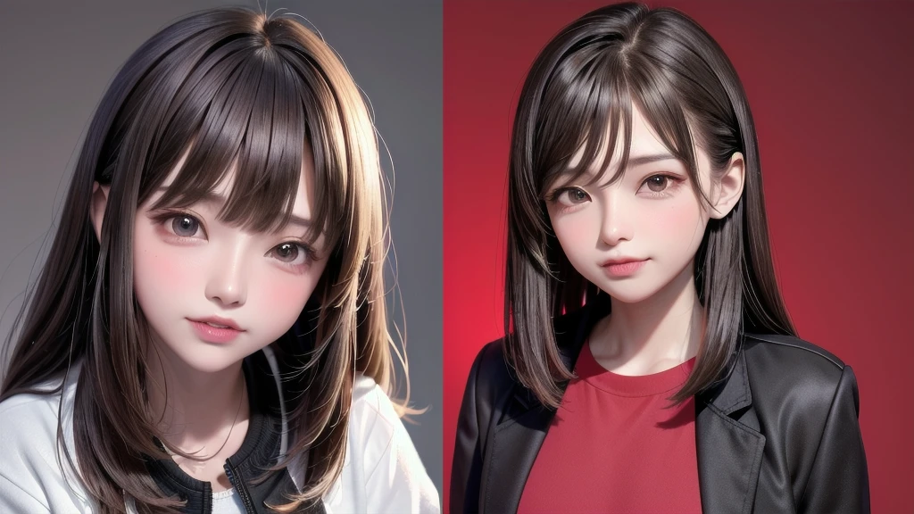 1peopleの女の子, 一peopleで,Brown hair in water, Brown eyes, parted lips, Long sleeve, Jacket, Simple Background, Upper Body, Red background, View Viewer, teeth, Jacket, lips, Cosplay, whole body, smile,,1people