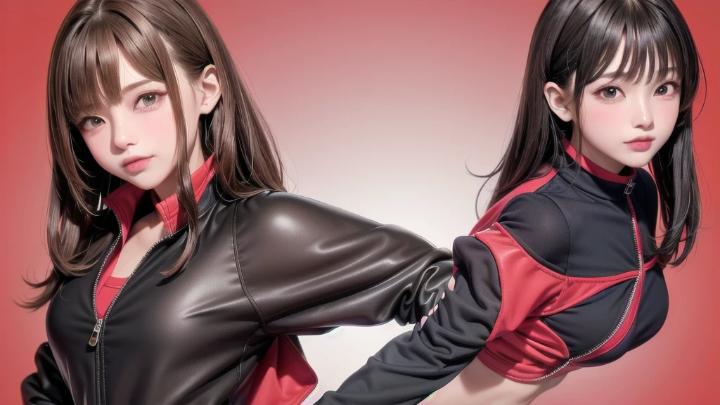 1peopleの女の子, 一peopleで,Brown hair in water, Brown eyes, parted lips, Long sleeve, Jacket, Simple Background, Upper Body, Red background, View Viewer, teeth, Jacket, lips, Cosplay, whole body, smile,,1people