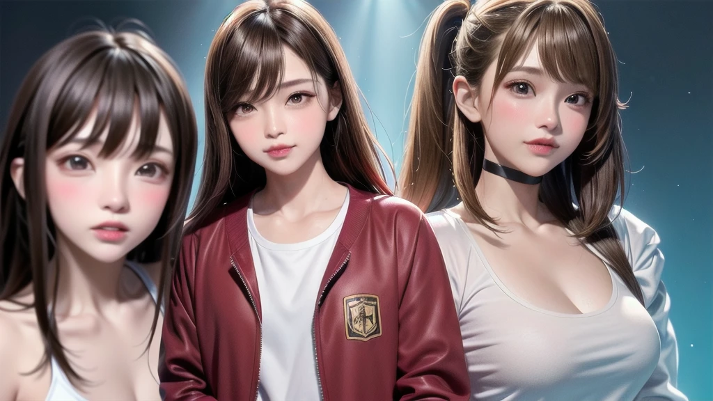 1peopleの女の子, 一peopleで,Brown hair in water, Brown eyes, parted lips, Long sleeve, Jacket, Simple Background, Upper Body, Red background, View Viewer, teeth, Jacket, lips, Cosplay, whole body, smile,,1people