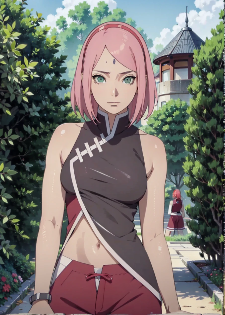 Sakura haruno,1 girl、Large Breasts,Perfect body,Narrow waist,Sexy Body,Light pink hair,Green Eyes,Symmetrical face,Sharpness,Sharp focus,Very tight clothing、Focus on your audience,still,Stand Upright,Beautiful garden in the background,dark blue rhombus on the forehead,,Black gloves,Red Hairband,Red jogging pants,White and red skinny tank top,No sleeve,Cropped tank top,whole body,whole body portrait,
