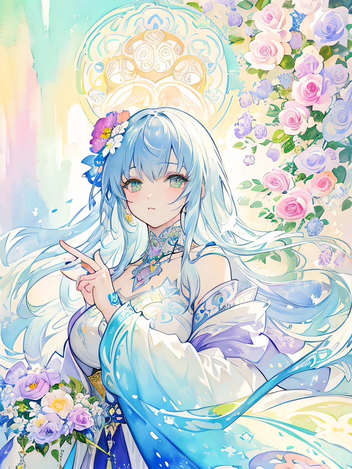 Alphonse Mucha Style、(((stylish fashion))), 8K Quality、Intense watercolor, Detailed watercolor art, Watercolor splash, Surreal, avant-garde pop art, Beautiful and expressive paintings, Beautiful artwork illustration, Very colorful tones, wonderful, Cool beauty, highest quality、Official Art, Vector art, Stylish design, (((The most beautiful girl))), (((highest quality))), HDR, ((detailed)), (((Doodle Art)), ((masterpiece)), ((Super detailed)), (((Colorful flowers))),(((Stylish))),