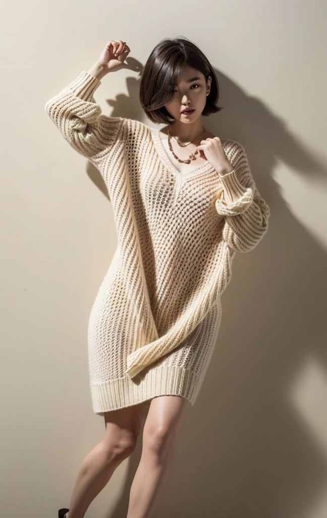 (highest quality, 8k, 32k, masterpiece, Ultra-high resolution:1.2),Beautiful Japanese Women Photos, Big Breasts, Very short bob hair,Upper Body,Face Focus,Extra Large_sweater, necklace, Simple Background, From above, View Viewer,
