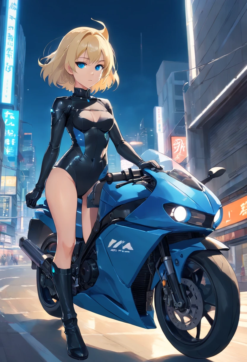 17 years old Women, ((Blonde)), ((Blue eyes)), ((Short hair)), ((Full shot)), She wears an all black catwoman costume with high heeled boots, She is driving a futuristic motorcycle. in the background looking at the camera ((Full Body))