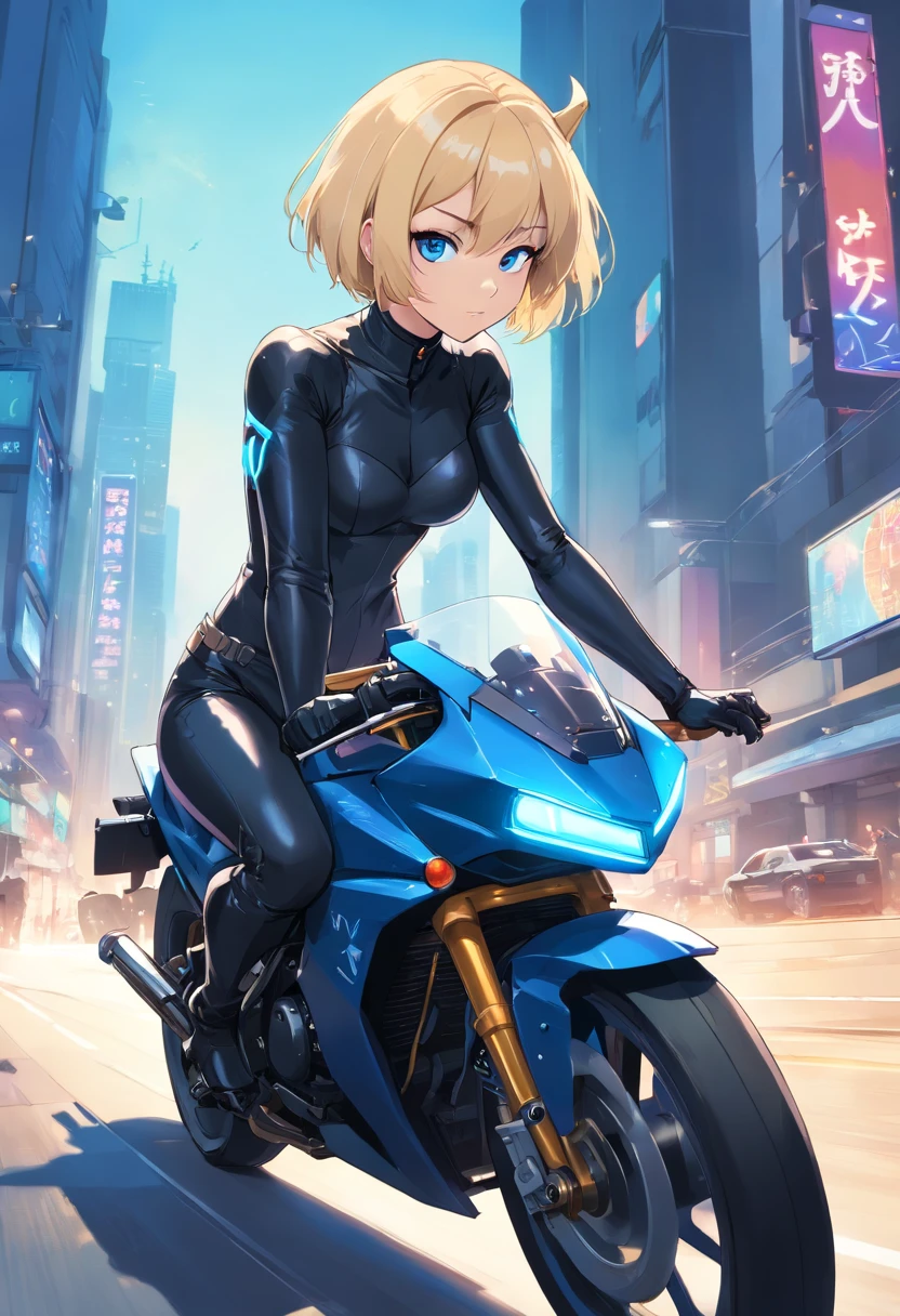  Women, ((Blonde)), ((Blue eyes)), ((Short hair)), ((Full shot)), She wears an all black catwoman costume with high heeled boots, She is driving a futuristic motorcycle. in the background looking at the camera ((Full Body))