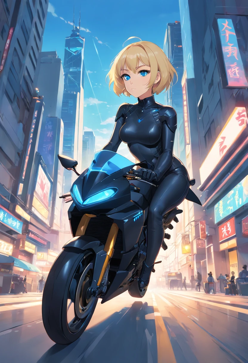 17 years old Women, ((Blonde)), ((Blue eyes)), ((Short hair)), ((Full shot)), She wears an all black catwoman costume with high heeled boots, She is driving a futuristic motorcycle. in the background looking at the camera ((Full Body))