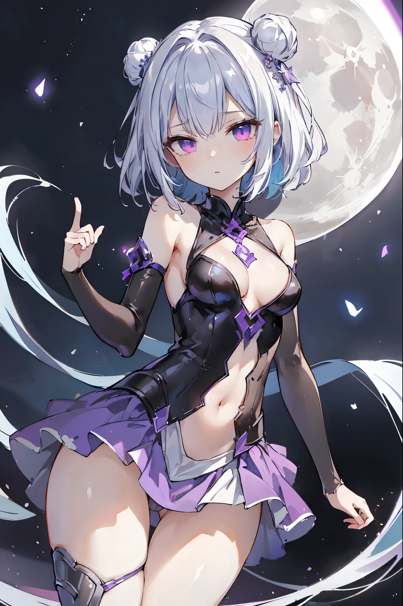 1girl, anime, cute girl, blank background, white background, fantasy, detailed fantasy dress with highlights, beautiful face, beautiful eyes, dark colors, black hair with multicolor streaks, red eye with different color pupil in eye, multicolor eye, medium breasts, slight cleavage, beautiful skin, cute, breast curtains, extremely delicate and beautiful, (beautiful detailed face:1.0), (detailed deep eyes), symmetrical breasts, deep eyes, shiny skin, portrait, slender waist, hips wider than shoulders, thighs, expressionless, young girl, luminous eyes, adorable,(Kpop idol),(aegyo sal:1),(Platinum blonde hair:1),((puffy eye)),Black panty,sexy posture,Superskirt, Ultra-high resolution,Black collar,slim figure, Abdominal y tattoo, womb tattoo,Tight-fitting leg ring,y tattoo on half-body,Bare skin, Armored hand,Hidden fingertips,Hand covered,Arm covered,Fist covered,{{beautiful detailed fingers}}, tufts of hair, moderate beautiful breast:1.0,(masterpiece:1.2), best quality, high-res, HDR, perfect face, intricate armor, delicate blue filigree, intricate filigree, red metalic parts, detailed part, dynamic pose, dynamic lights, cute face, neutral expression, shuimobysim, lotus, hanfu, maxi skirt, dress conservatively 1girl, solo, long blue hair, standing, One lady,14years,((White hair) ,((Normal breasts)), (Shiny purple bodysuit with microskirt),((Fantasy, Moon Night))