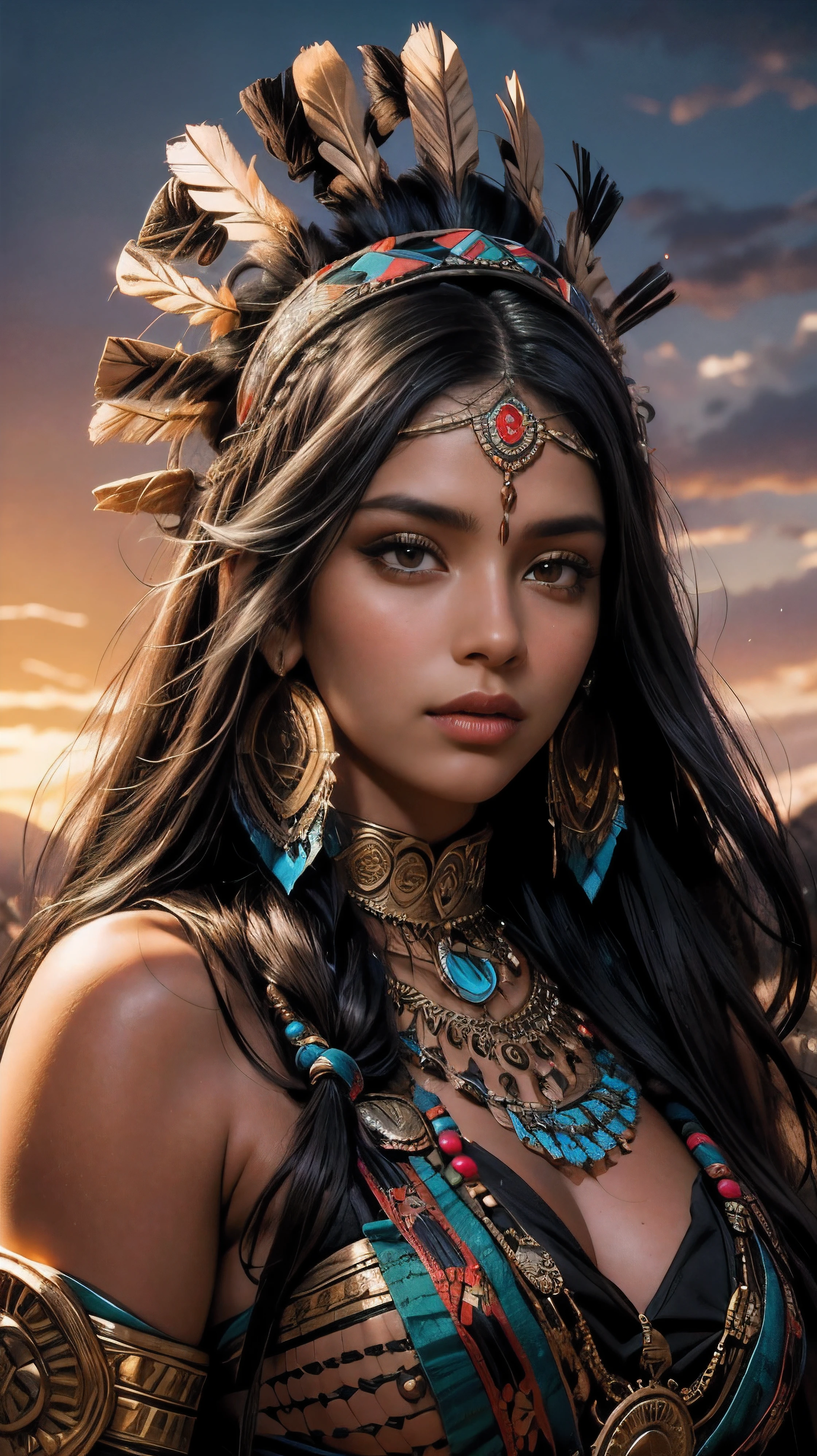 sexy native Aztec woman,beautiful detailed eyes,detailed lips,long black hair,traditional clothing,woven patterns,elaborate headdress,bronze jewelry,dark skin tone,dusk lighting,portrait,realistic colors,soft shadows,high resolution, with a very large Indian headdress in the background you can see a desert with some cabins cuerpo completo
