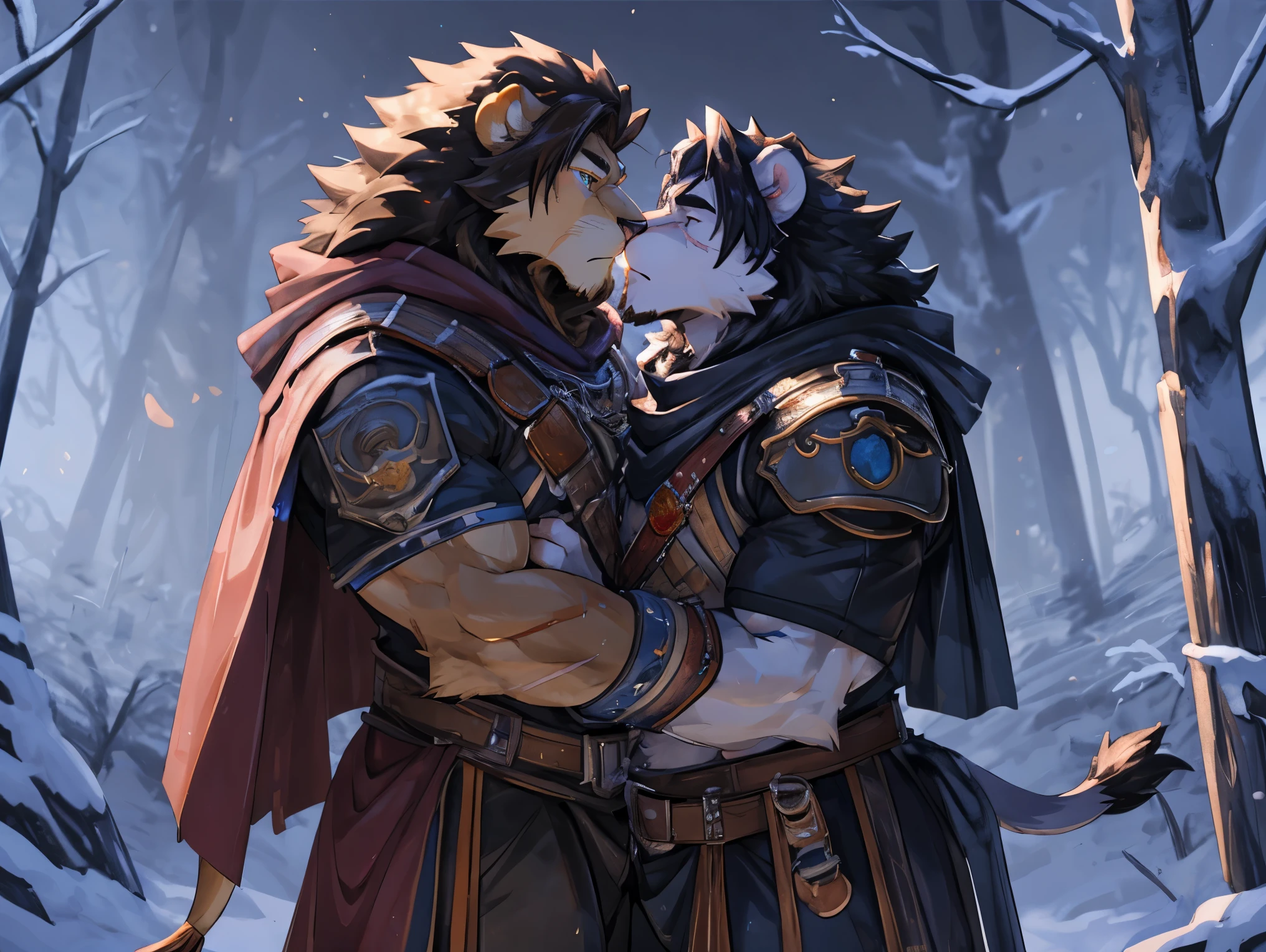 forest，furry，people，（lion：1.9），lion，majesty，Mature，middle aged，Mature,knight,paladin,numerous wounds，Crotch bulge，Lots of scars，Tall，Bodybuilding，Muscle bulge，sweat，Naked upper body，respite，sexy，（by rabbity）,hugging and kissing 
